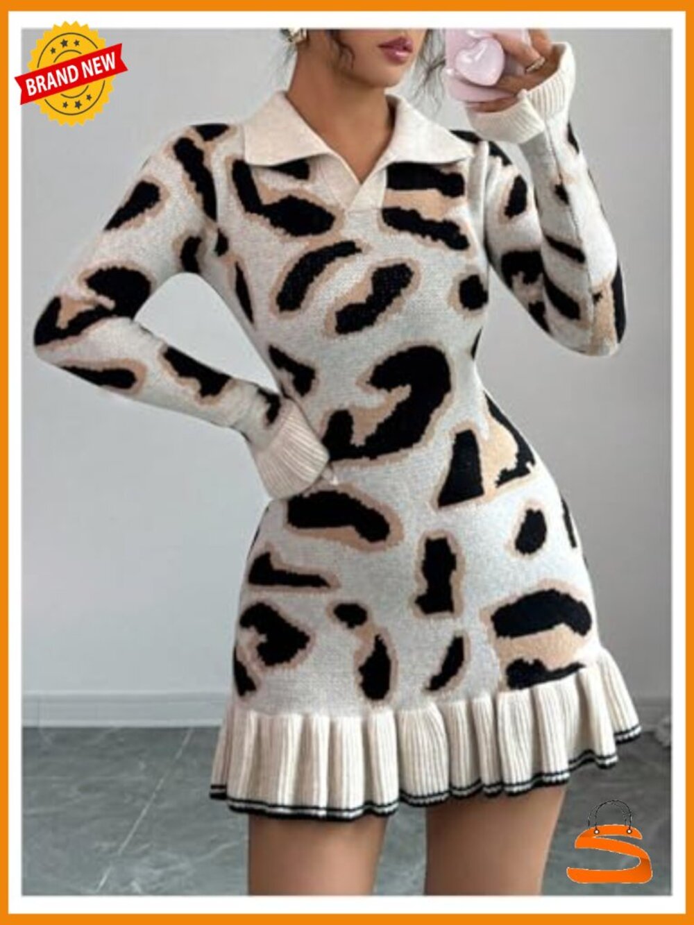 Leopard Print Sweater Dress Long Sleeve Collar Neck Ruffle Hem Mini Bodycon - Picture 3 of 5